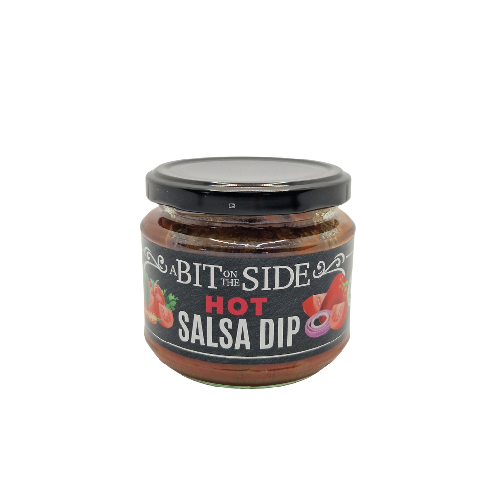 A glass jar with black lid and label saying A Bit on the Side Hot Salsa Dip