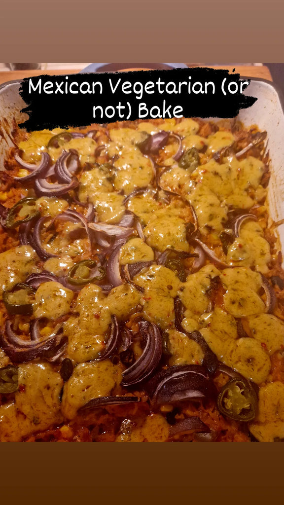 Bean and Rice bake topped with onions, jalapenos and grated cheese